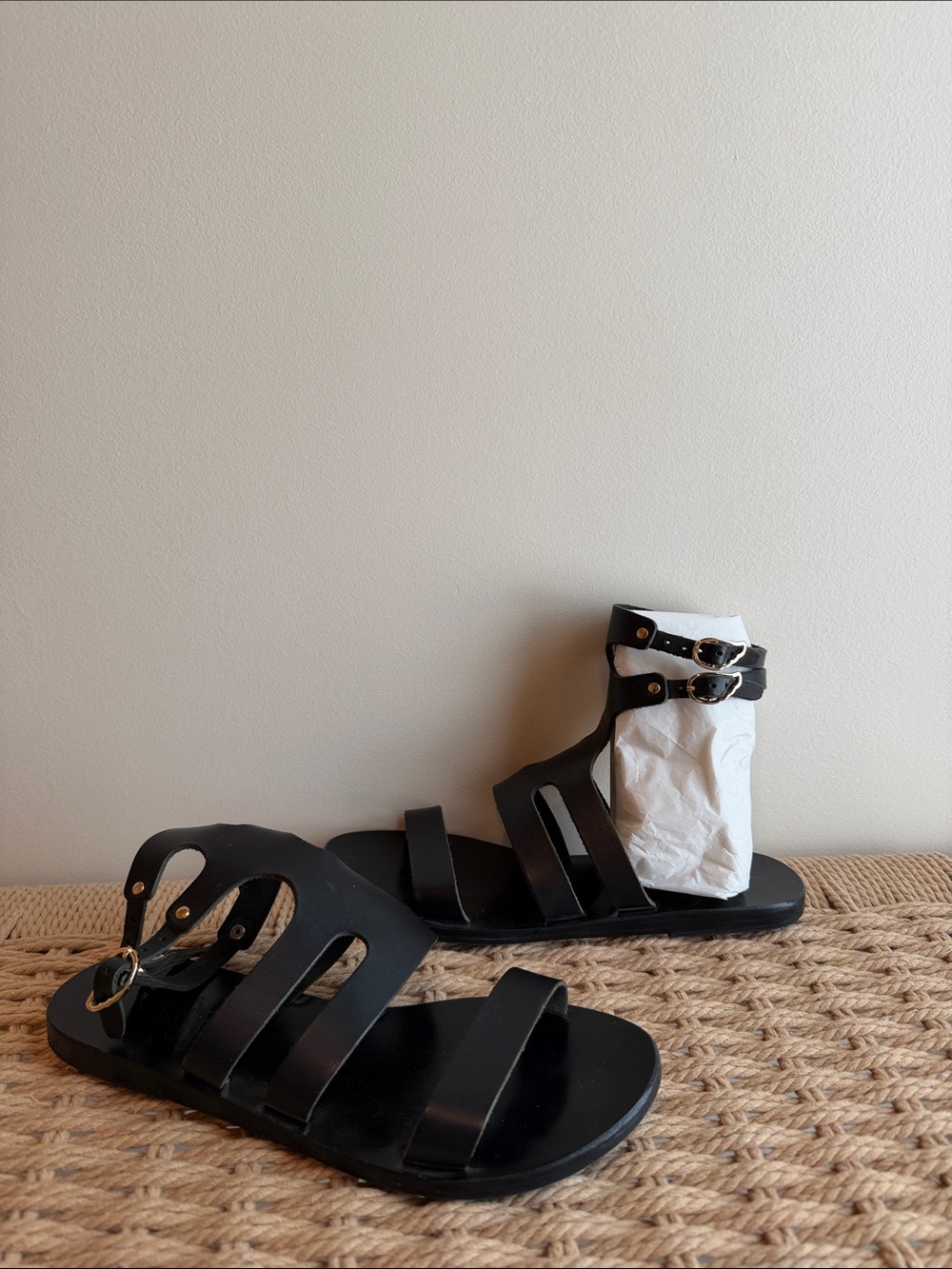 Ancient Greek Sandals Black Strappy Gladiator Sandals 37 worn once